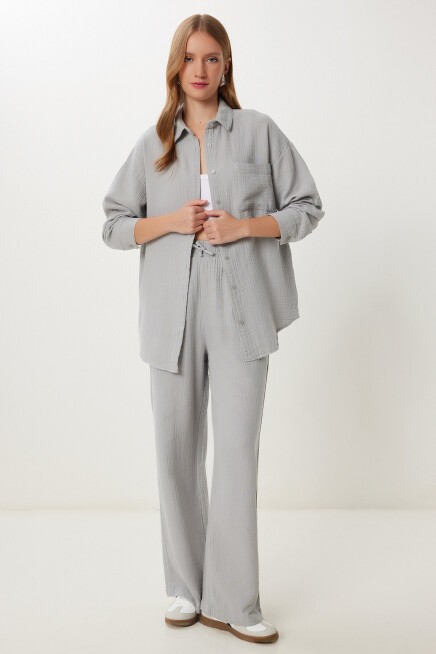 Oversize Müslin Gömlek Pantolon Takım GRİ LSA0014