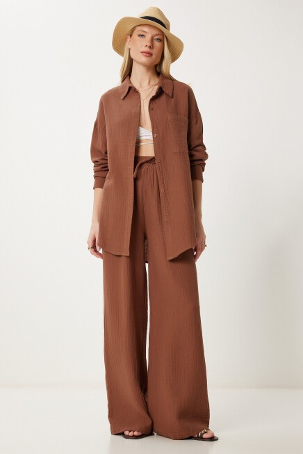 Oversize Müslin Gömlek Pantolon Takım KAHVERENGİ LSA0014