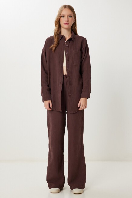 Oversize Müslin Gömlek Pantolon Takım KOYU KAHVERENGİ LSA0014