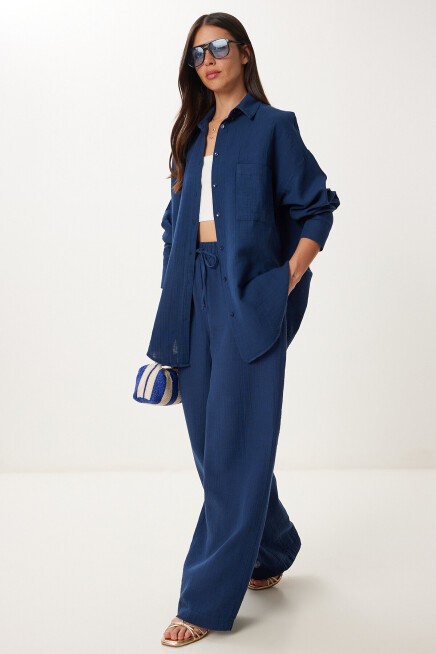 Oversize Müslin Gömlek Pantolon Takım LACİVERT LSA0014
