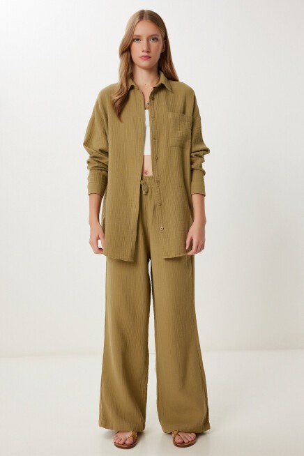 Oversize Müslin Gömlek Pantolon Takım ZEYTİN YEŞİLİ LSA0014