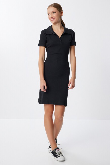 Polo Yaka Fitilli Mini Örme Elbise SİYAH LMX0110