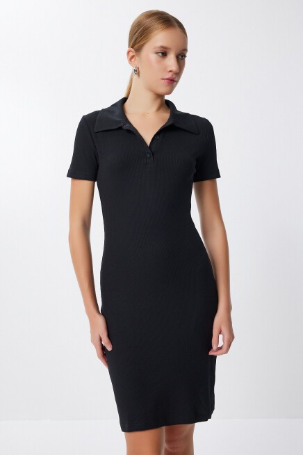 Polo Yaka Fitilli Mini Örme Elbise SİYAH LMX0110