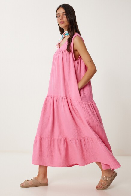 Volanlı Yazlık Müslin Elbise PEMBE LMX0087