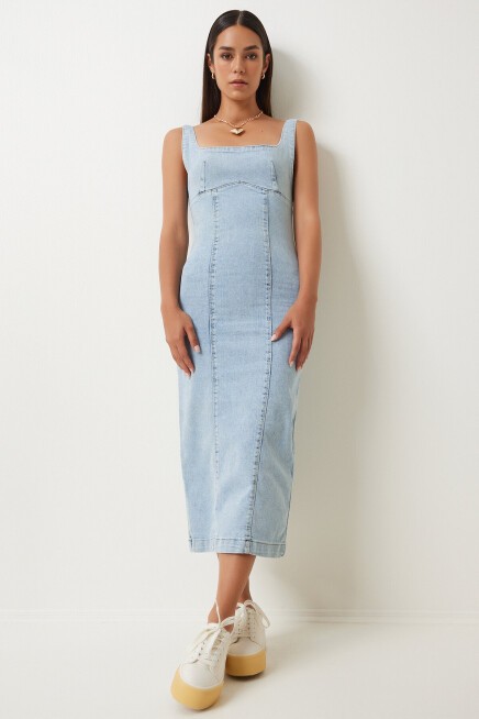 Askılı Midi Denim Elbise AÇIK MAVİ LOK0001
