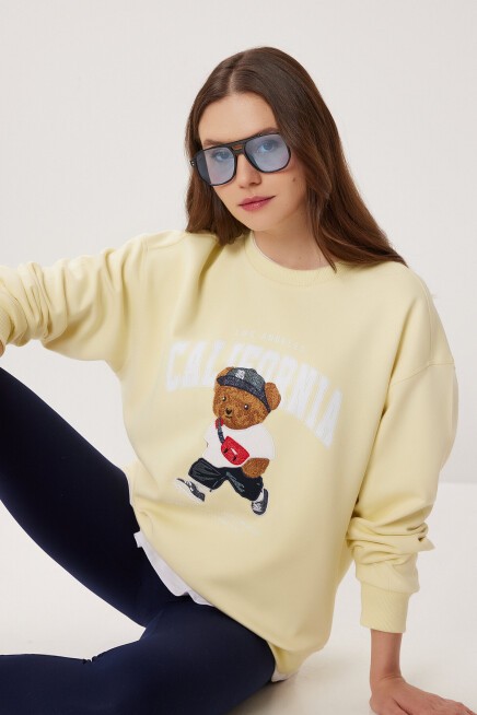 Ayıcık Armalı Baskılı Oversize Örme Sweatshirt SARI LMC0074