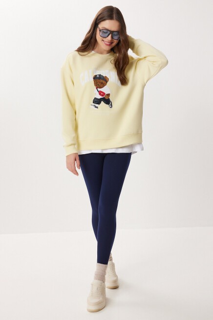 Ayıcık Armalı Baskılı Oversize Örme Sweatshirt SARI LMC0074