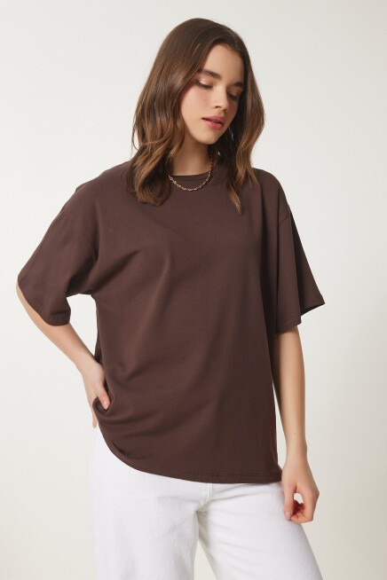 Basic Oversize Örme T-shirt KAHVERENGİ LHW0003