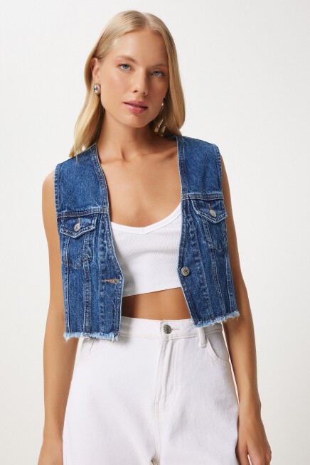 Cepli Crop Denim Yelek KOYU MAVİ LOK0004