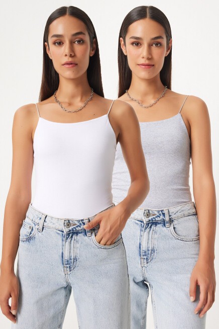 İkili İp Askılı Örme Bluz BEYAZ GRİ LLD0001