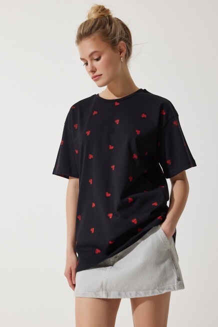 Kalpli %100 Pamuk Oversize Uzun Örme T-shirt SİYAH LNJ0023