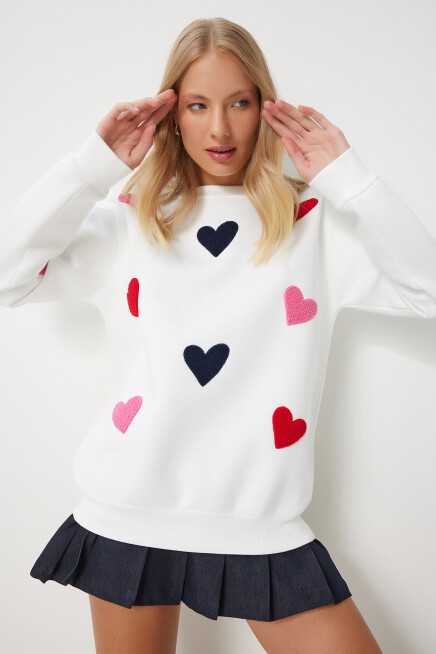 Kalpli Dokulu Şardonlu Örme Sweatshirt EKRU LNJ0016