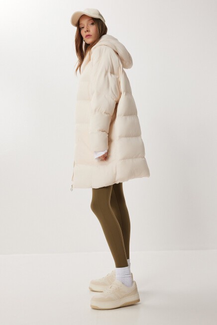 Kapüşonlu Oversize Şişme Mont KREM LNT0014