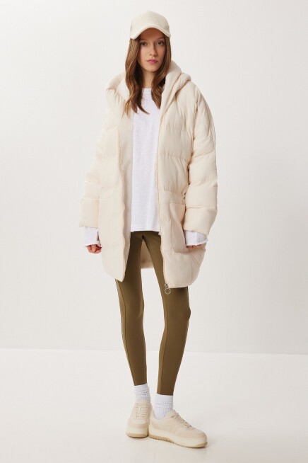 Kapüşonlu Oversize Şişme Mont KREM LNT0014