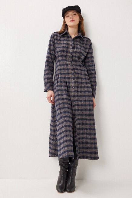 Kareli Midi Dokuma Elbise LACİVERT VİZON LLW0001