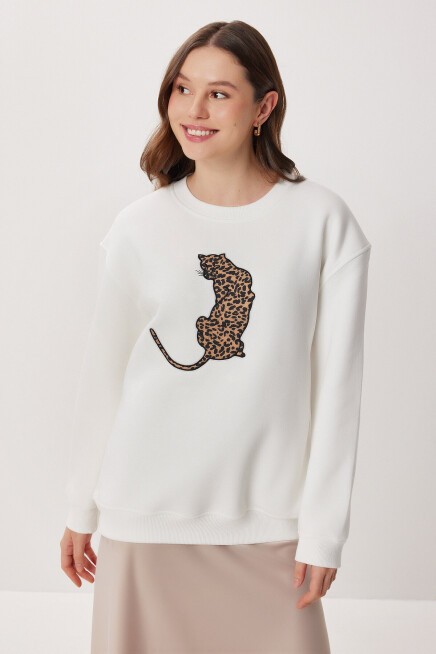 Leopar Baskılı Oversize Şardonlu Örme Sweatshirt EKRU LMC0078