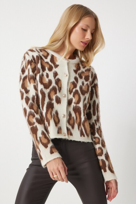Leopar Desenli Kısa Sakallı Hırka KREM KAHVERENGİ LKB0007