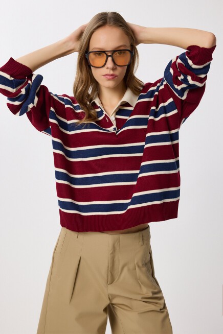 Polo Yaka Çizgili Triko Kazak BORDO LACİVERT LMW0024