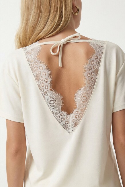 Sırt Detaylı Dantelli Örme Bluz EKRU LNT0026