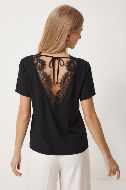 Sırt Detaylı Dantelli Örme Bluz SİYAH LNT0026