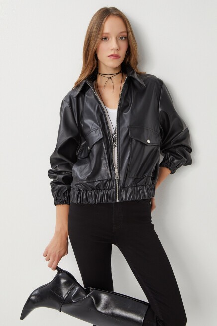 Suni Deri Bomber Ceket SİYAH LNT0011