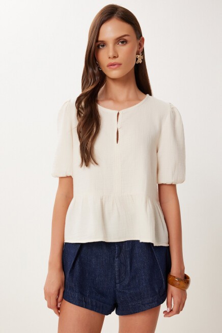 Volanlı Müslin Bluz KREM LMX0091