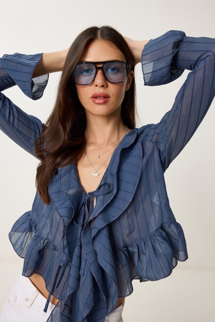 Volanlı Transparan Dokuma Bluz LACİVERT LMX0089