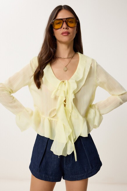 Volanlı Transparan Dokuma Bluz SARI LMX0089