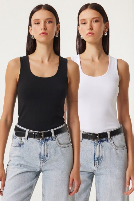 2’li Paket Basic Örme Bluz SİYAH BEYAZ LRN0011
