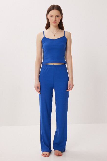 Askılı Crop Fitilli Örme Pijama Takımı KOYU MAVİ LRN0018