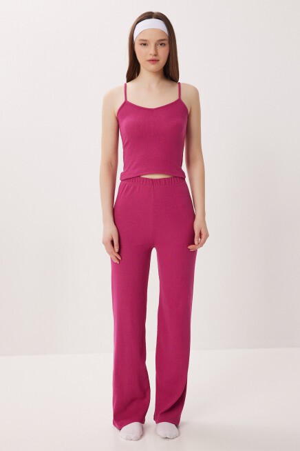 Askılı Crop Fitilli Örme Pijama Takımı KOYU PEMBE LRN0018