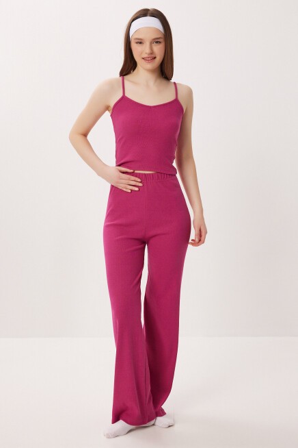 Askılı Crop Fitilli Örme Pijama Takımı KOYU PEMBE LRN0018