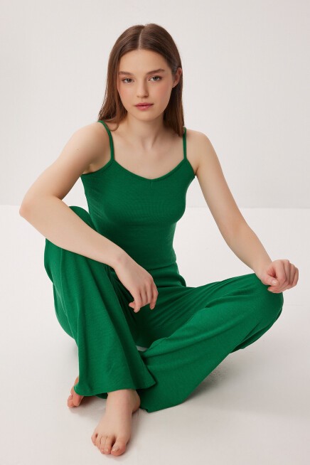 Askılı Crop Fitilli Örme Pijama Takımı KOYU YEŞİL LRN0018