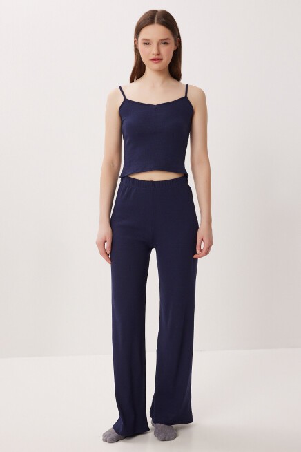 Askılı Crop Fitilli Örme Pijama Takımı LACİVERT LRN0018
