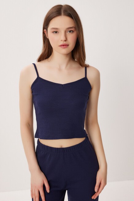Askılı Crop Fitilli Örme Pijama Takımı LACİVERT LRN0018