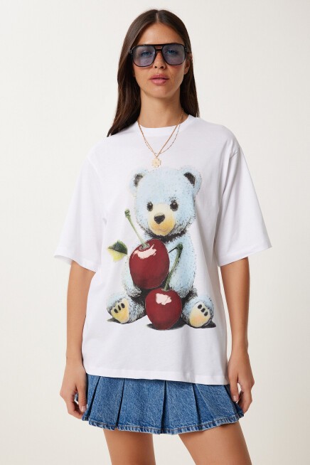 Ayıcık Baskılı Pamuklu Örme T-shirt BEYAZ LUB0122