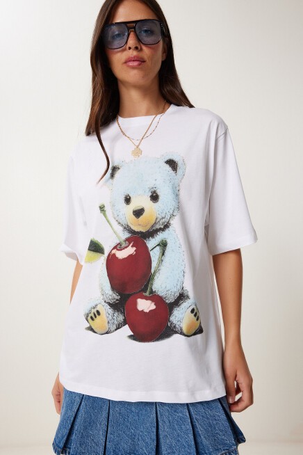 Ayıcık Baskılı Pamuklu Örme T-shirt BEYAZ LUB0122