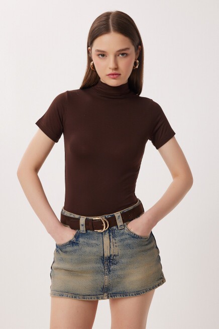 Balıkçı Yaka Basic Viskon Bluz KAHVERENGİ LRN0027