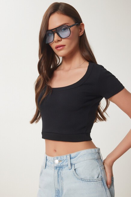 Basic Fitilli Crop Örme Bluz SİYAH LUS0109