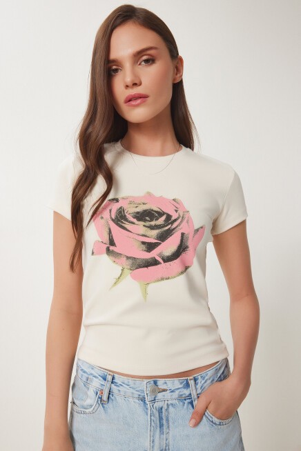 Çiçek Baskılı Örme T-shirt KREM LUS0114