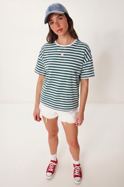 Çizgili Oversize Viskon T-shirt YEŞİL BEYAZ LRN0041