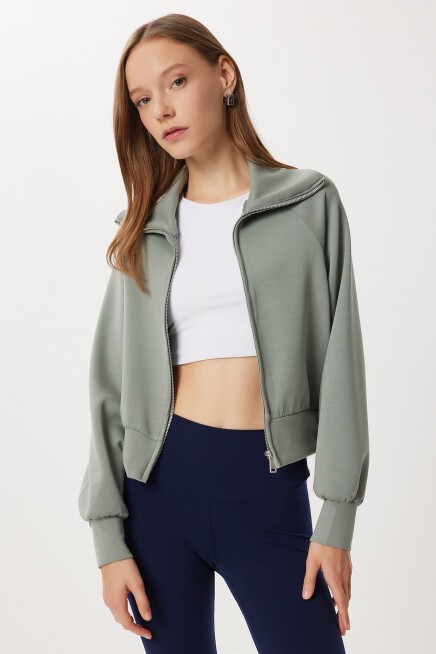 Dik Yaka Fermuarlı Modal Sweatshirt ÇAĞLA YEŞİLİ LUB0308