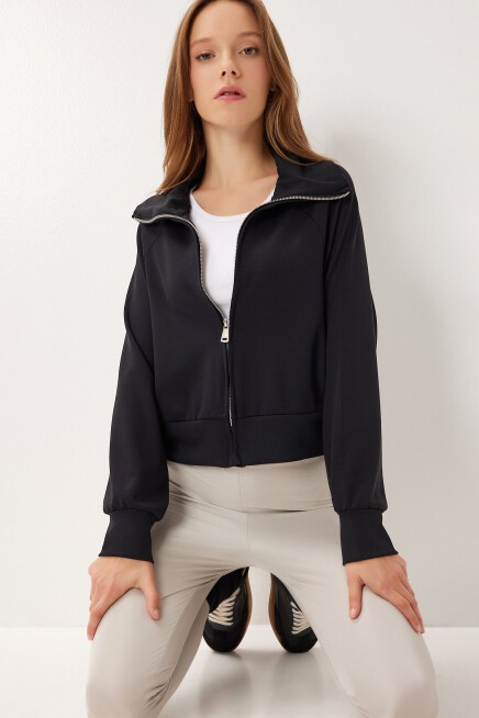 Dik Yaka Fermuarlı Modal Sweatshirt SİYAH LUB0308