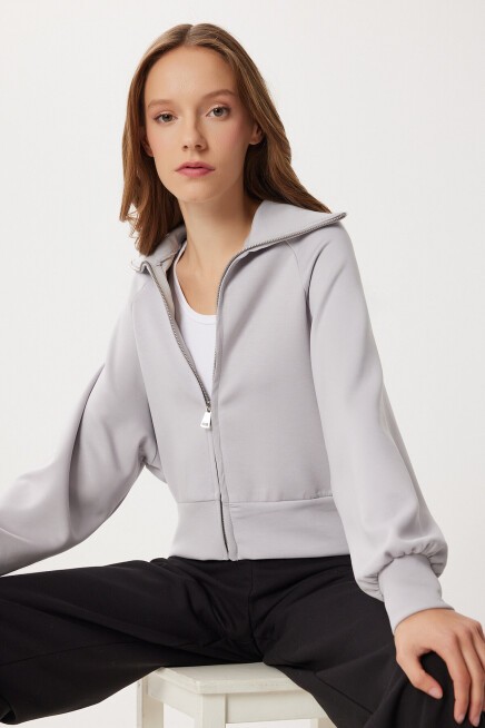 Dik Yaka Fermuarlı Modal Sweatshirt TAŞ GRİSİ LUB0308