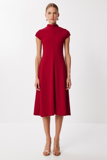 Dik Yaka Kloş Midi Örme Elbise BORDO LUB0223