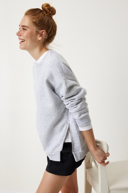Fermuar Detaylı Şardonlu Sweatshirt GRİ LUB0003