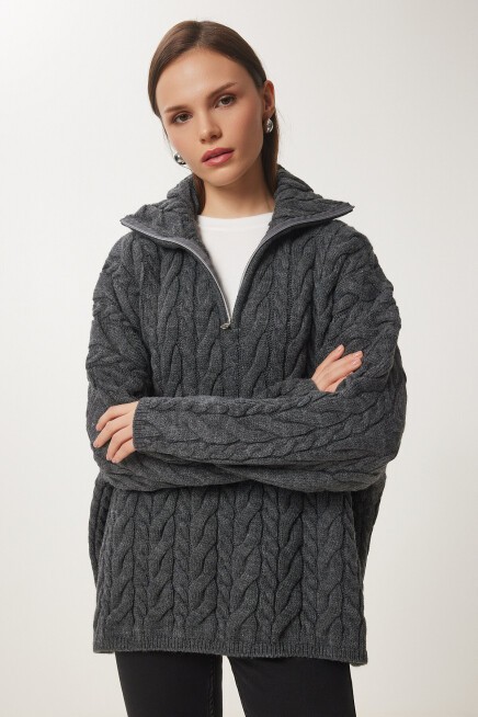 Fermuarlı Dik Yaka Kalın Oversize Triko Kazak ANTRASİT LUS0063
