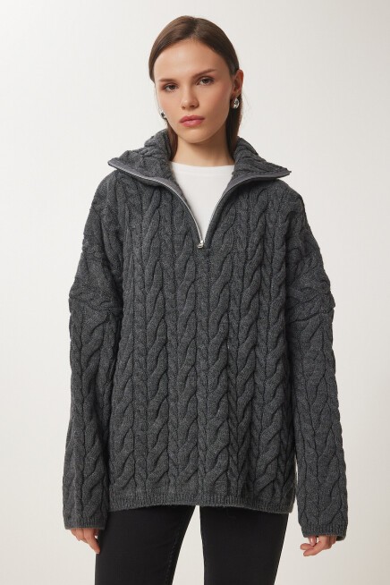 Fermuarlı Dik Yaka Kalın Oversize Triko Kazak ANTRASİT LUS0063
