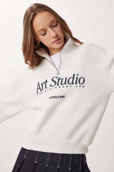 Fermuarlı Yaka Baskılı Şardonlu Örme Sweatshirt EKRU LUB0306