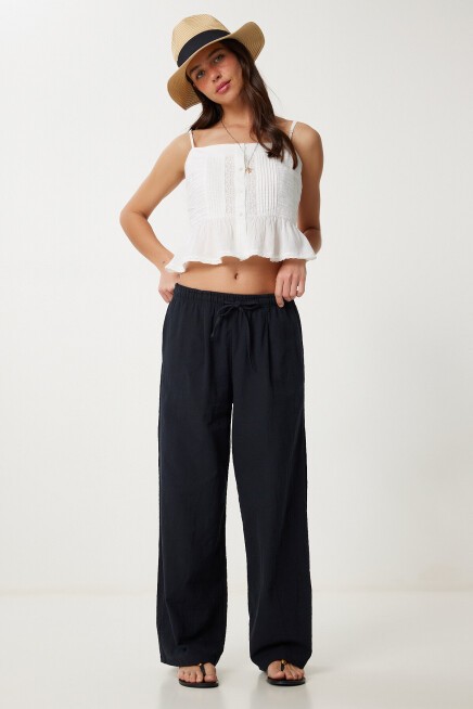 Geniş Paça Keten Pantolon SİYAH LUB0117